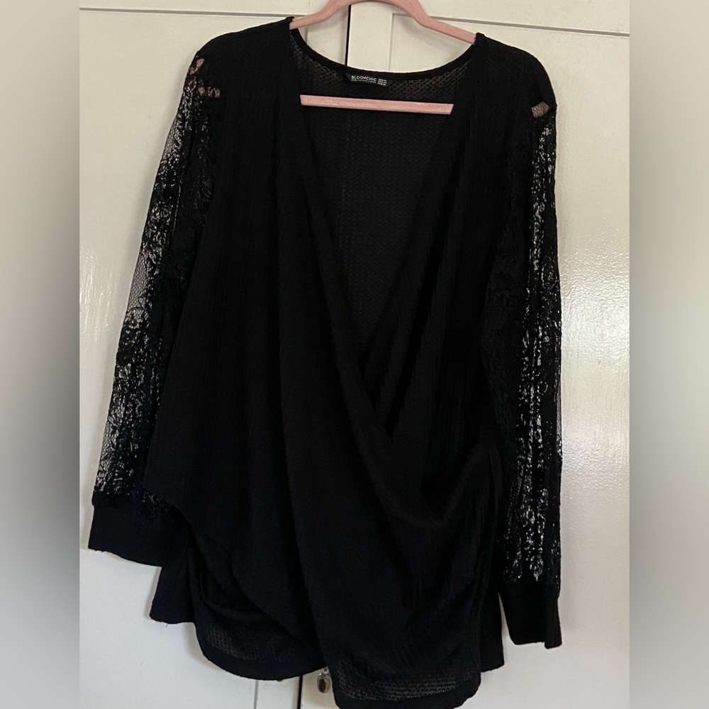 Bloomchic Solid Black V Neck Blouse W/ Lace Heart… - image 2